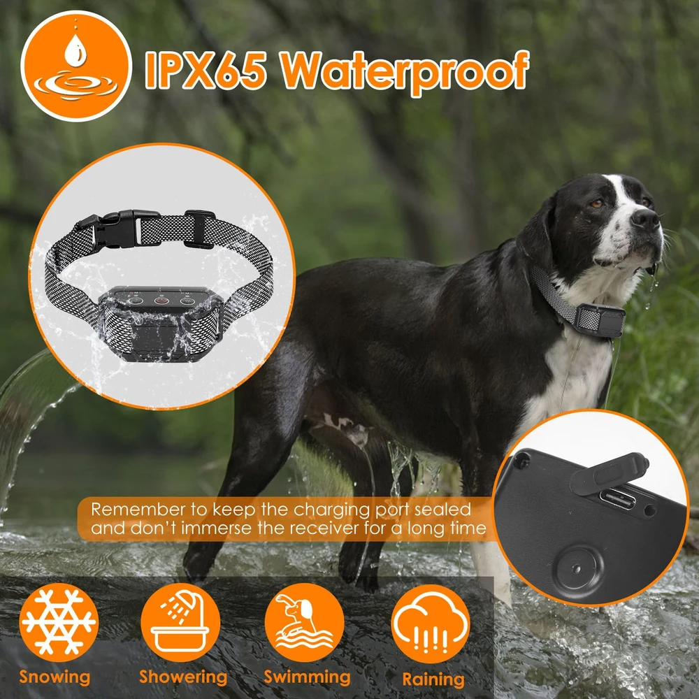Waterproof IPX65 dog training collar with adjustable strap and charging port, designed for use in various weather conditions including rain, snow, and swimming, with a black and gray color scheme, showcased on a dog standing in water.