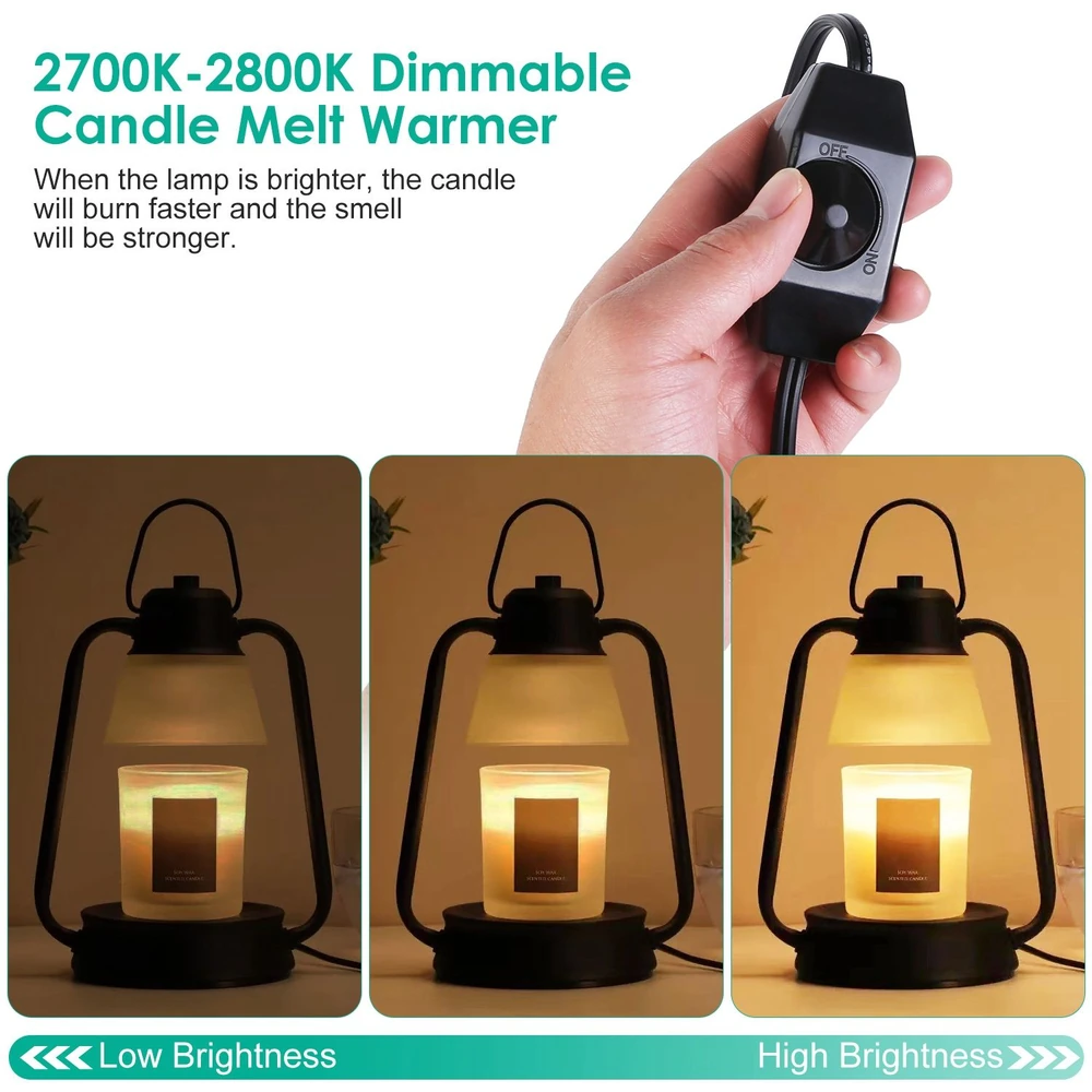 Dimmable candle melt warmer with adjustable brightness settings, showcasing a black lantern design illuminating a scented candle, perfect for enhancing fragrance and ambiance.