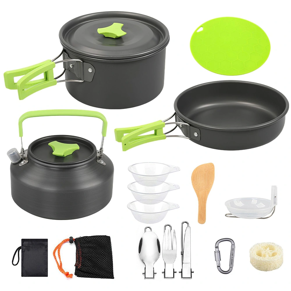 Compact camping cookware set including two pots, a kettle, measuring cups, a wooden spatula, and a silicone trivets, featuring green handles and storage bag, ideal for outdoor cooking.