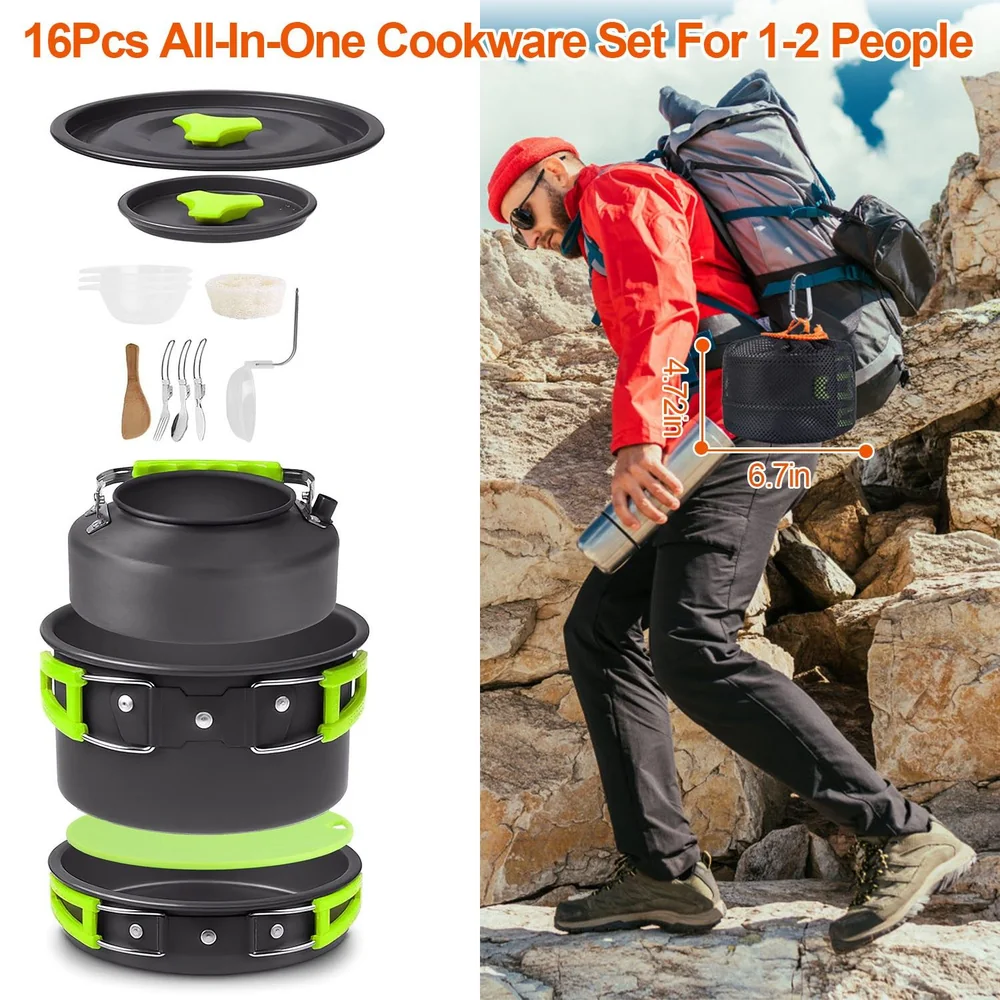16-piece all-in-one cookware set for 1-2 people, featuring compact and lightweight design, accompanied by cooking utensils, perfect for outdoor camping and hiking adventures.