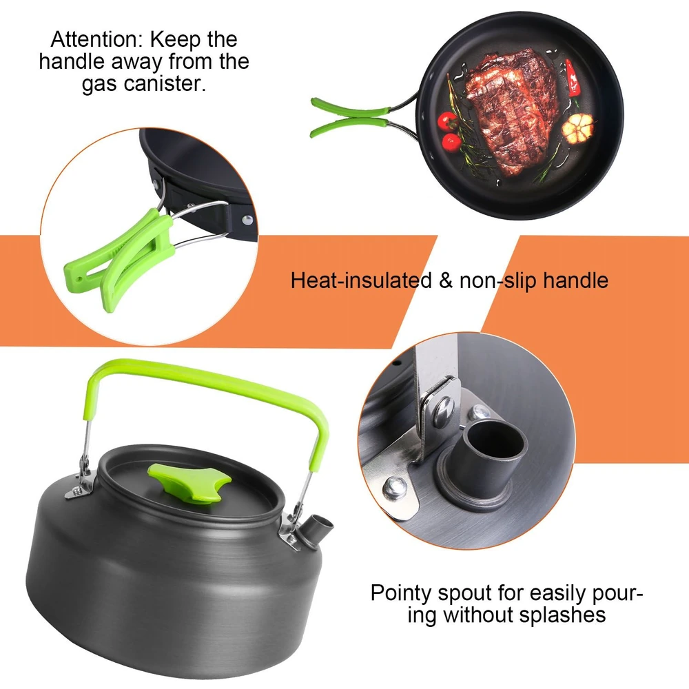 Premium camping cookware set featuring a non-stick frying pan with heat-insulated green handle, and a kettle with a pointy spout for splash-free pouring.