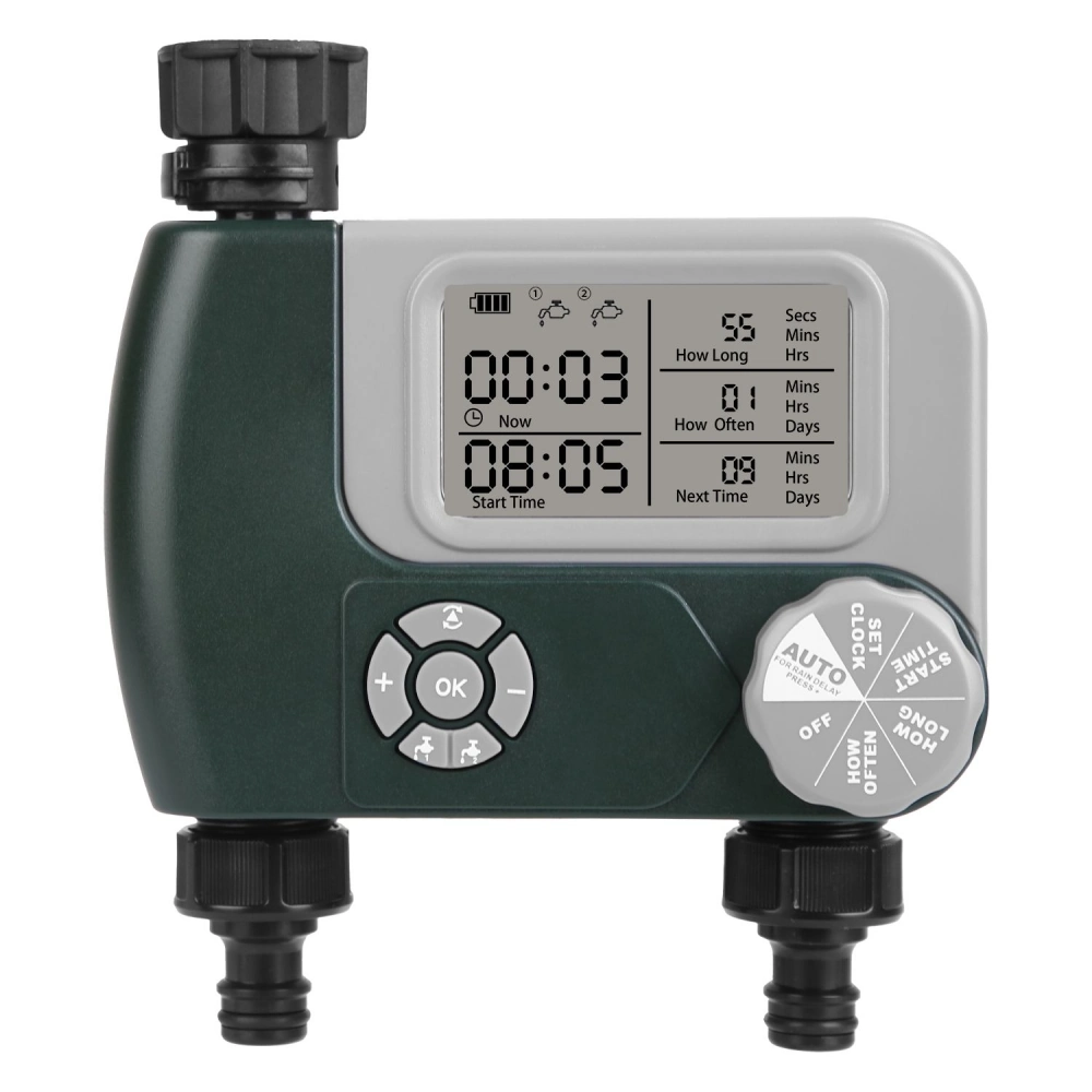 Digital garden water timer with LCD display, control buttons, and dual hose connections for automated irrigation scheduling.