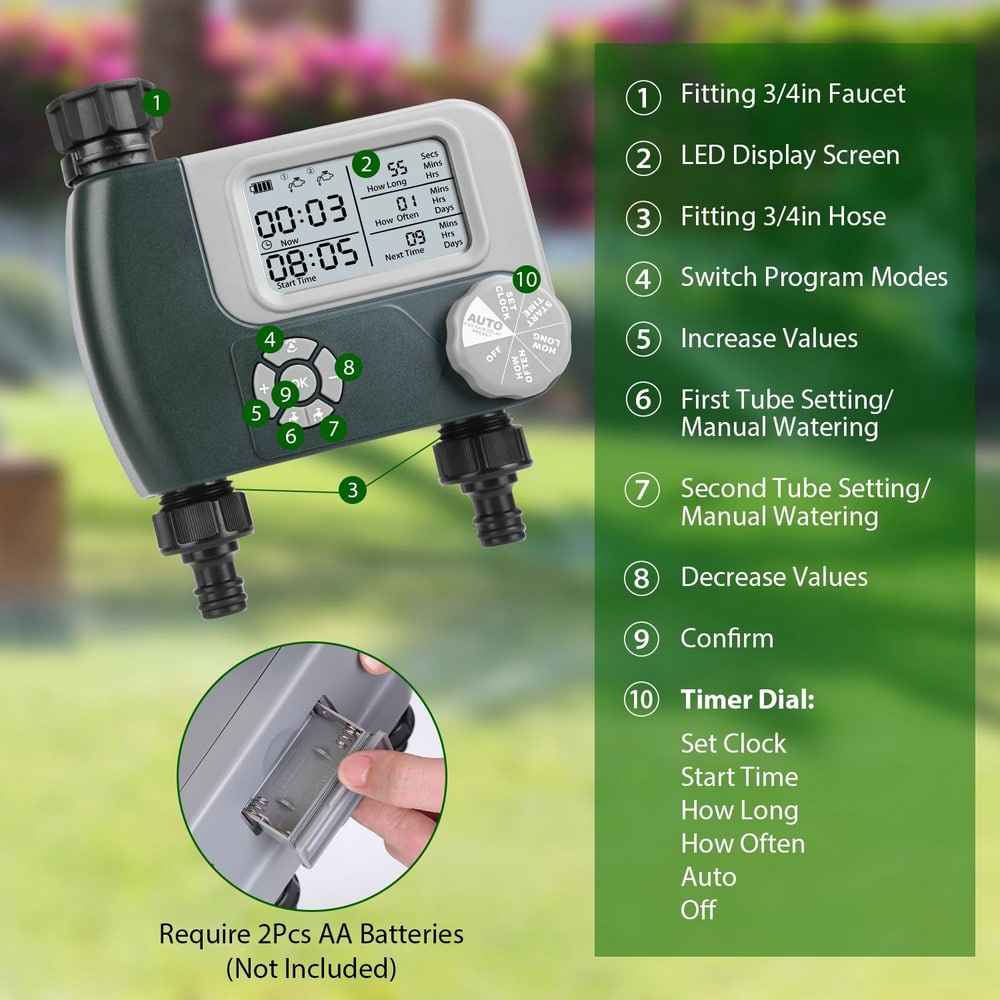 Digital garden hose timer with LED display, adjustable settings, and battery compartment, designed for easy manual and automatic watering management.