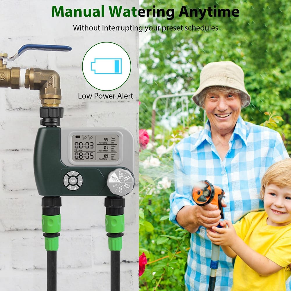 Digital garden hose timer with display, low power alert, and two connected green hoses, featuring a person watering plants and child in a garden setting.