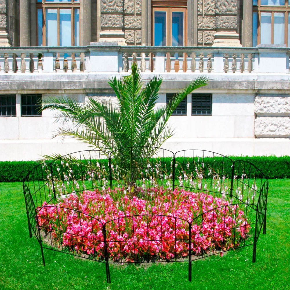 Vibrant flower bed with pink begonias and white flowers, surrounded by a black metal fence and featuring a lush green palm tree, set against a historic building backdrop.