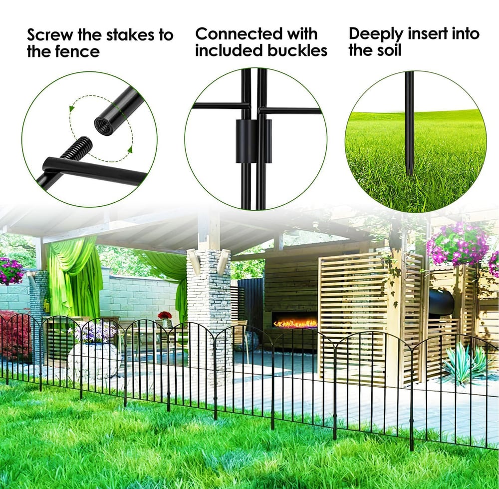 Black decorative garden fence installation guide with images showing stake connection, buckle attachment, and soil insertion for secure setup.