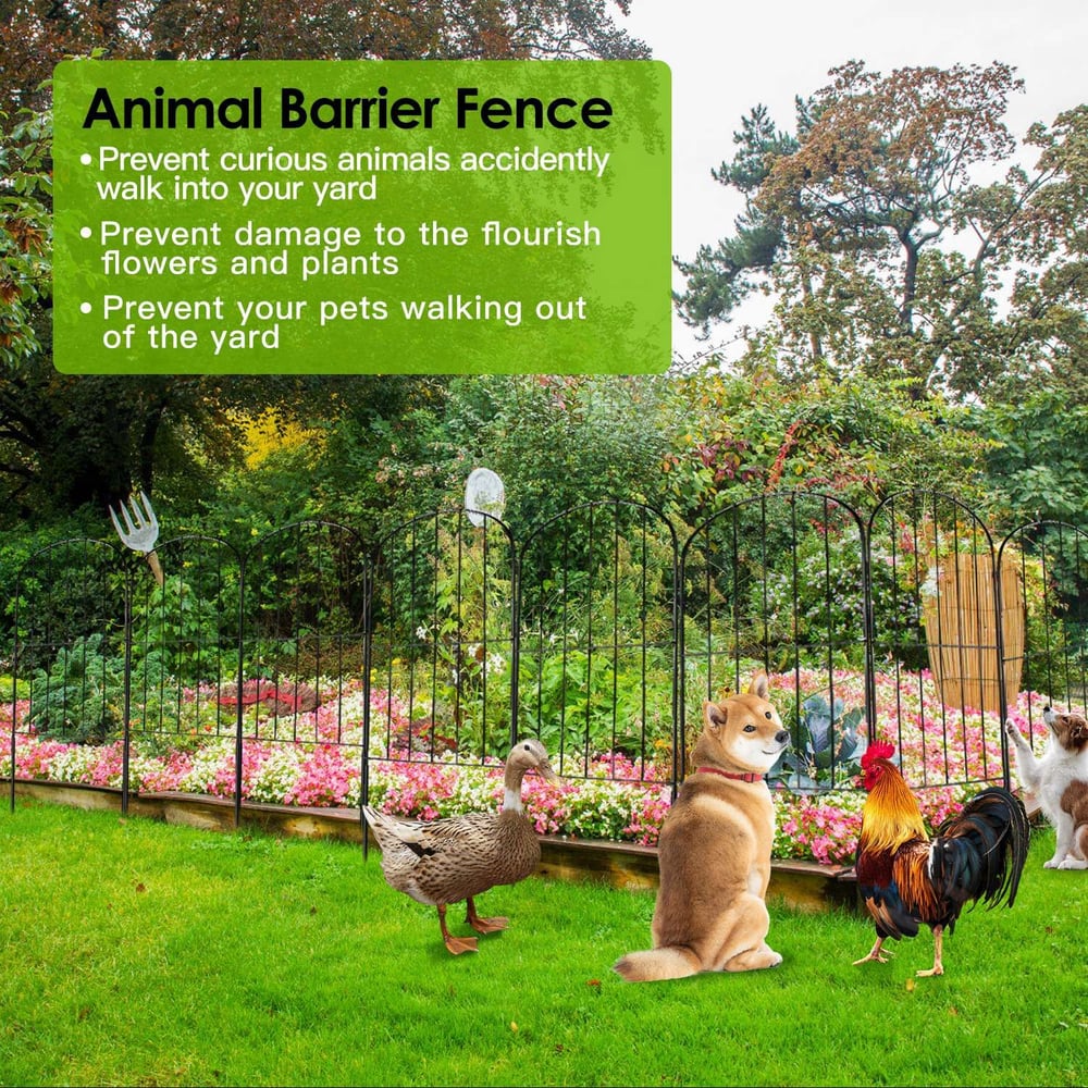 Animal barrier fence protecting a colorful flower garden, featuring a Shiba Inu dog, duck, rooster, and cat to illustrate safe containment for pets and wildlife.