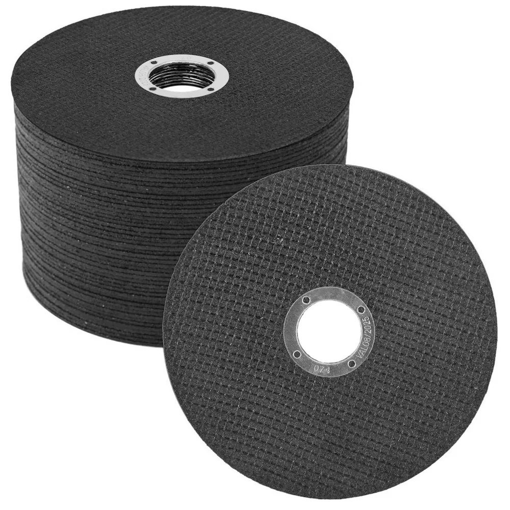 Black cutting discs stacked, featuring a center hole for attachment, designed for metal and material cutting applications.