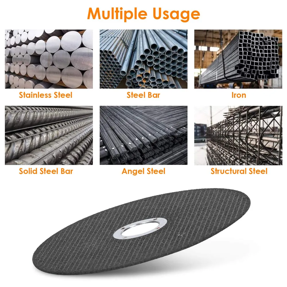 Black cutting disc designed for multiple steel applications, showcasing stainless steel, iron, solid steel bar, angel steel, and structural steel.