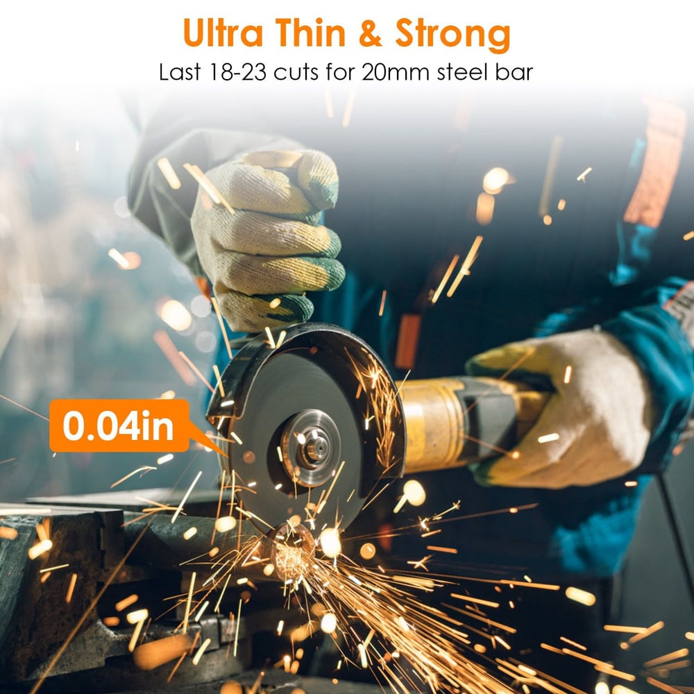Close-up of a worker using a powerful angle grinder to cut through a steel bar, with sparks flying, showcasing the ultra-thin 0.04-inch cutting disc designed for efficient, durable cuts on 20mm steel bars.
