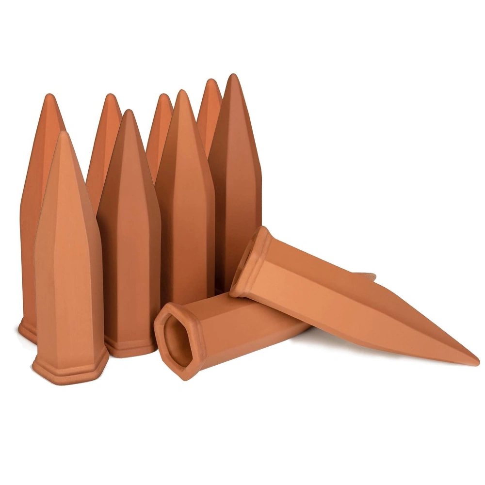 Terracotta garden edging stakes, eight pointed stakes and three flat stakes for landscape design and flower bed borders.