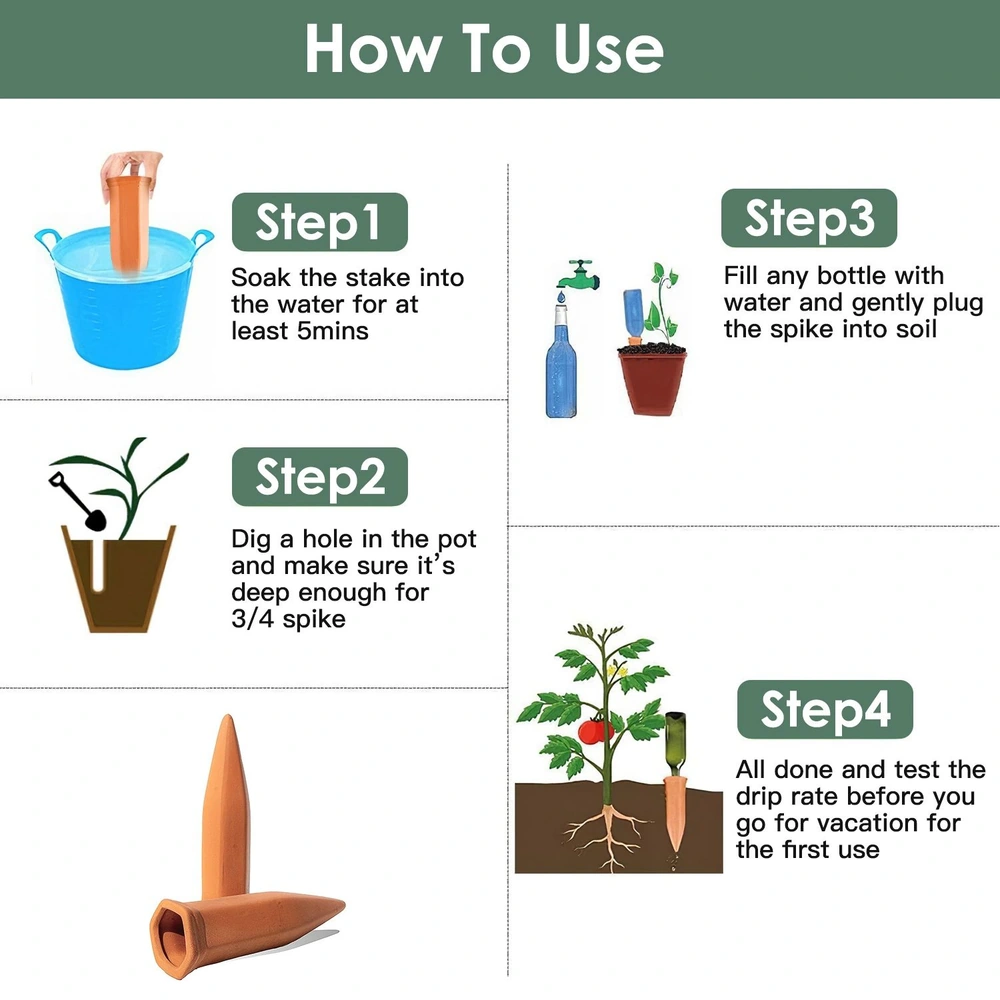 Illustrated instructions on how to use a plant watering spike, featuring four steps: soaking the spike, preparing the soil, filling a bottle, and testing the drip rate for effective plant care.