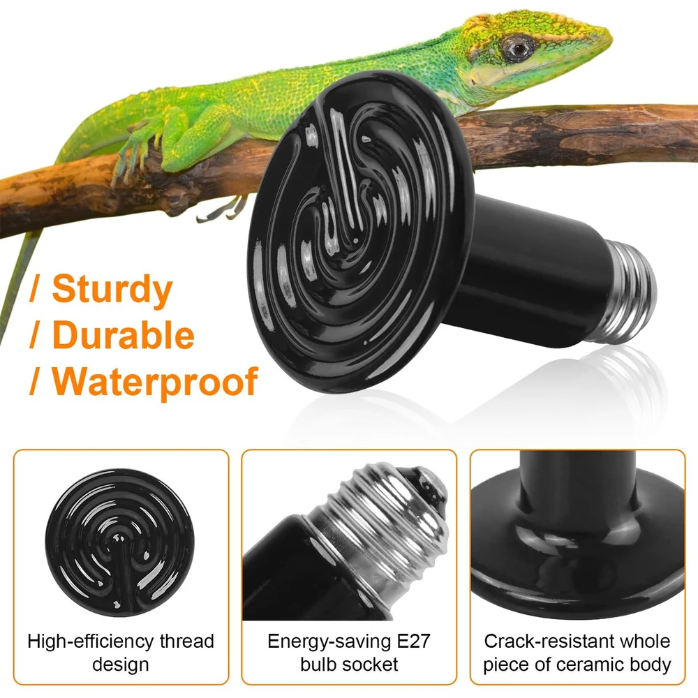 Black ceramic reptile bulb socket with energy-saving design, featuring a sturdy, waterproof, and crack-resistant structure, set against a vibrant green lizard on a branch.