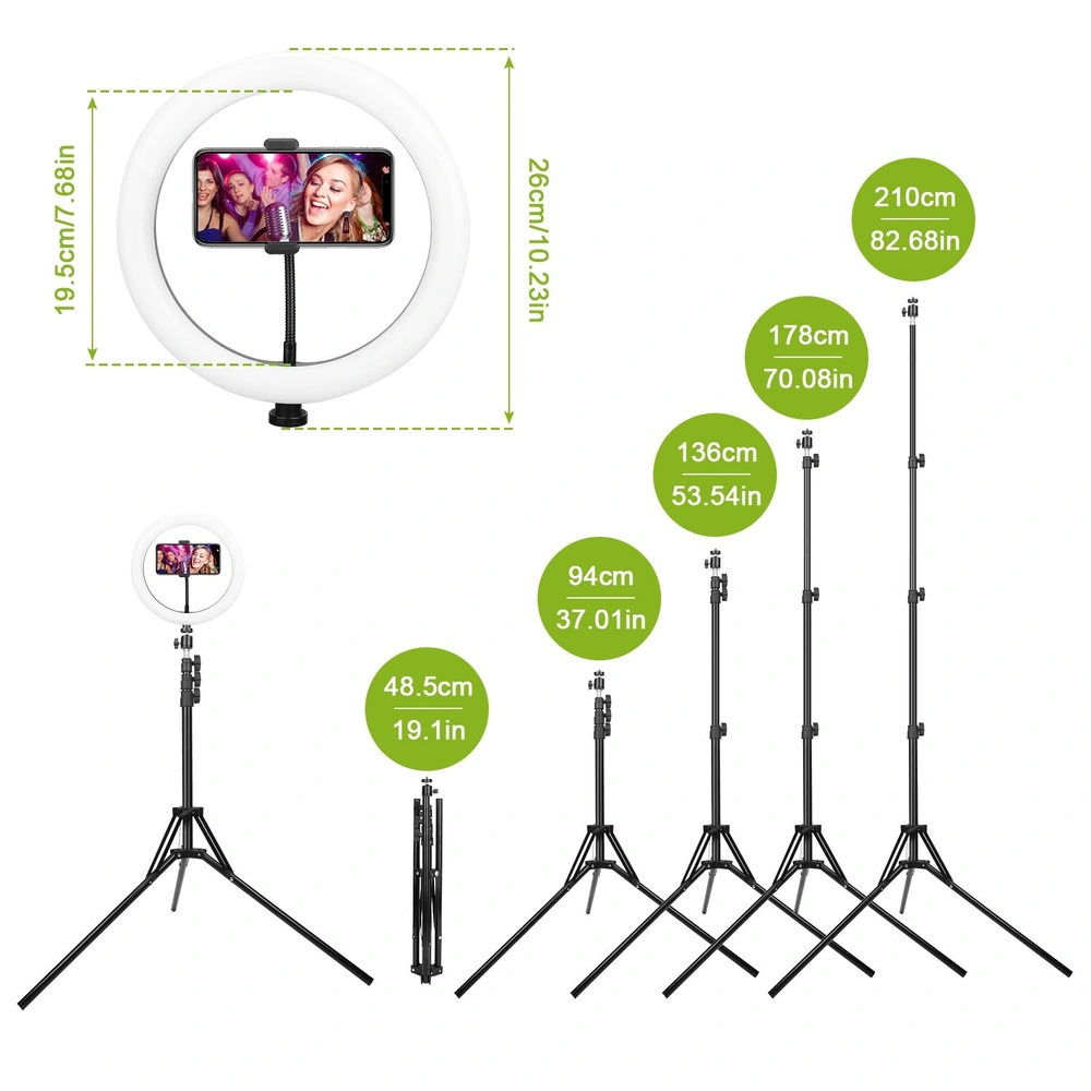 Ring light with adjustable tripod stand for photography and video recording, featuring a smartphone holder and extendable heights from 48.5cm to 210cm.