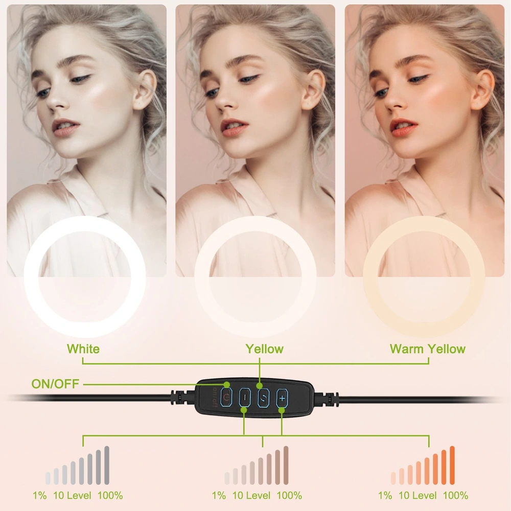 LED dimmable ring light with adjustable color temperatures in white, yellow, and warm yellow, showcasing a control panel for brightness levels, ideal for photography and makeup.