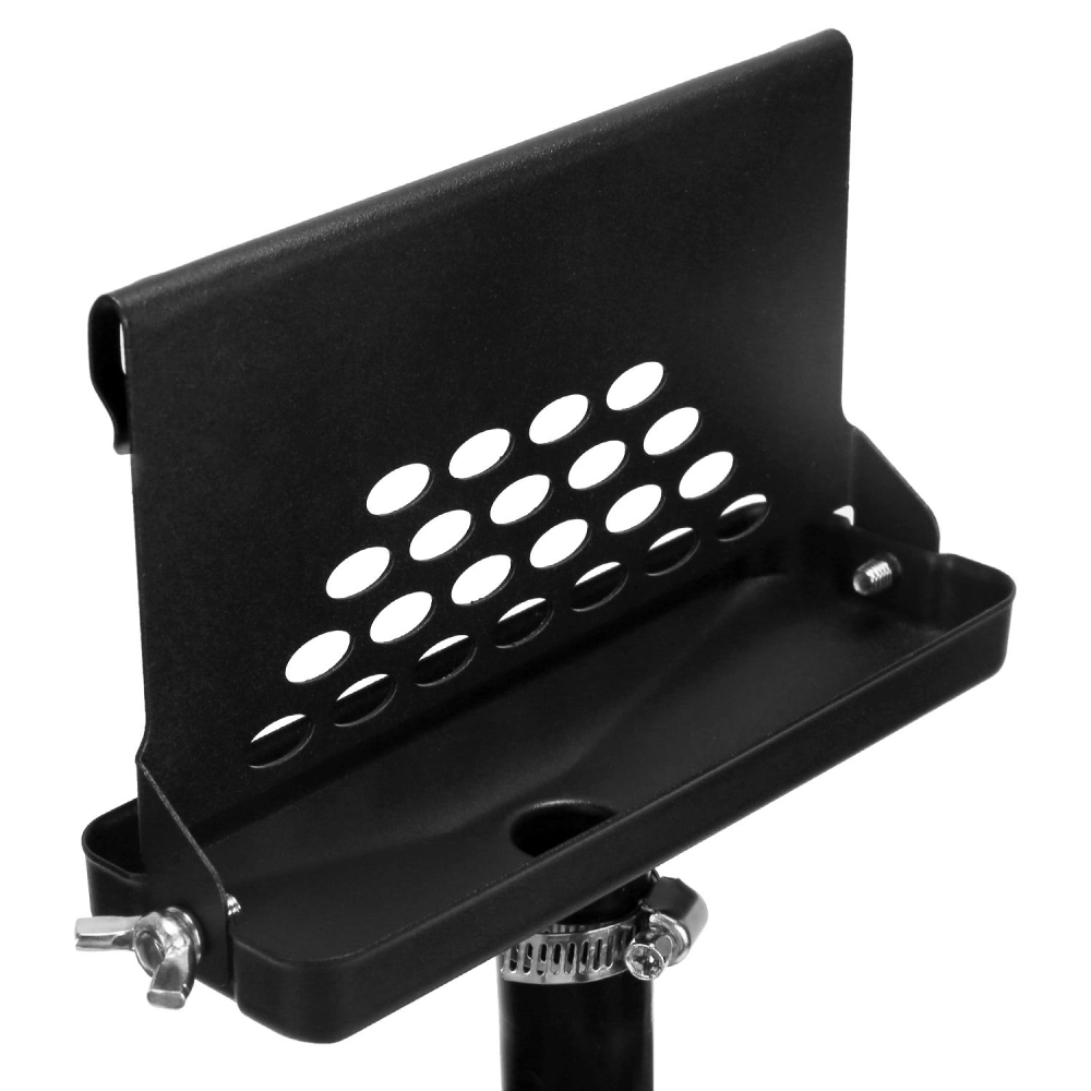 Black metal adjustable microphone stand tray with holes for ventilation and attachment screw, designed for stability and convenience during performances.