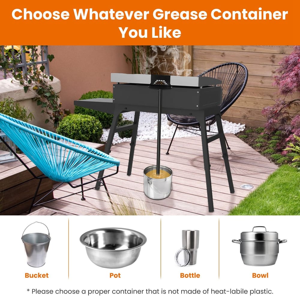 Outdoor grilling setup featuring a grease container with options for a bucket, pot, bottle, and bowl, surrounded by a cozy seating area with blue chairs and greenery.