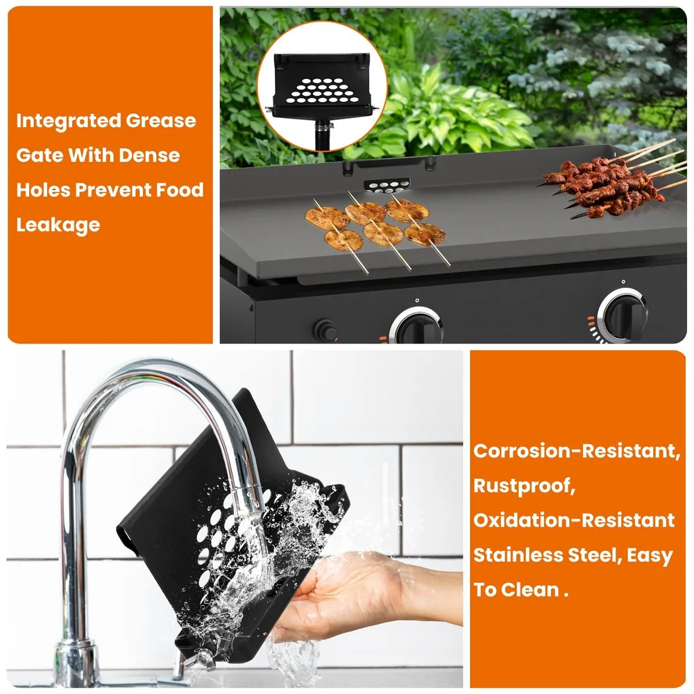 Integrated grease gate on a stainless steel grill, designed to prevent food leakage, with skewer features and easy cleaning under running water.