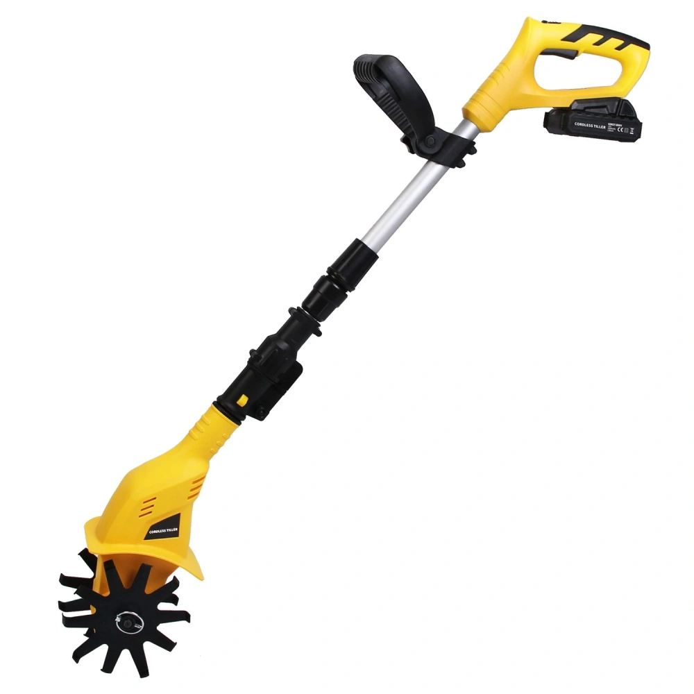 Electric garden tiller with a yellow ergonomic handle and adjustable shaft, featuring sharp rotating blades for easy soil cultivation.