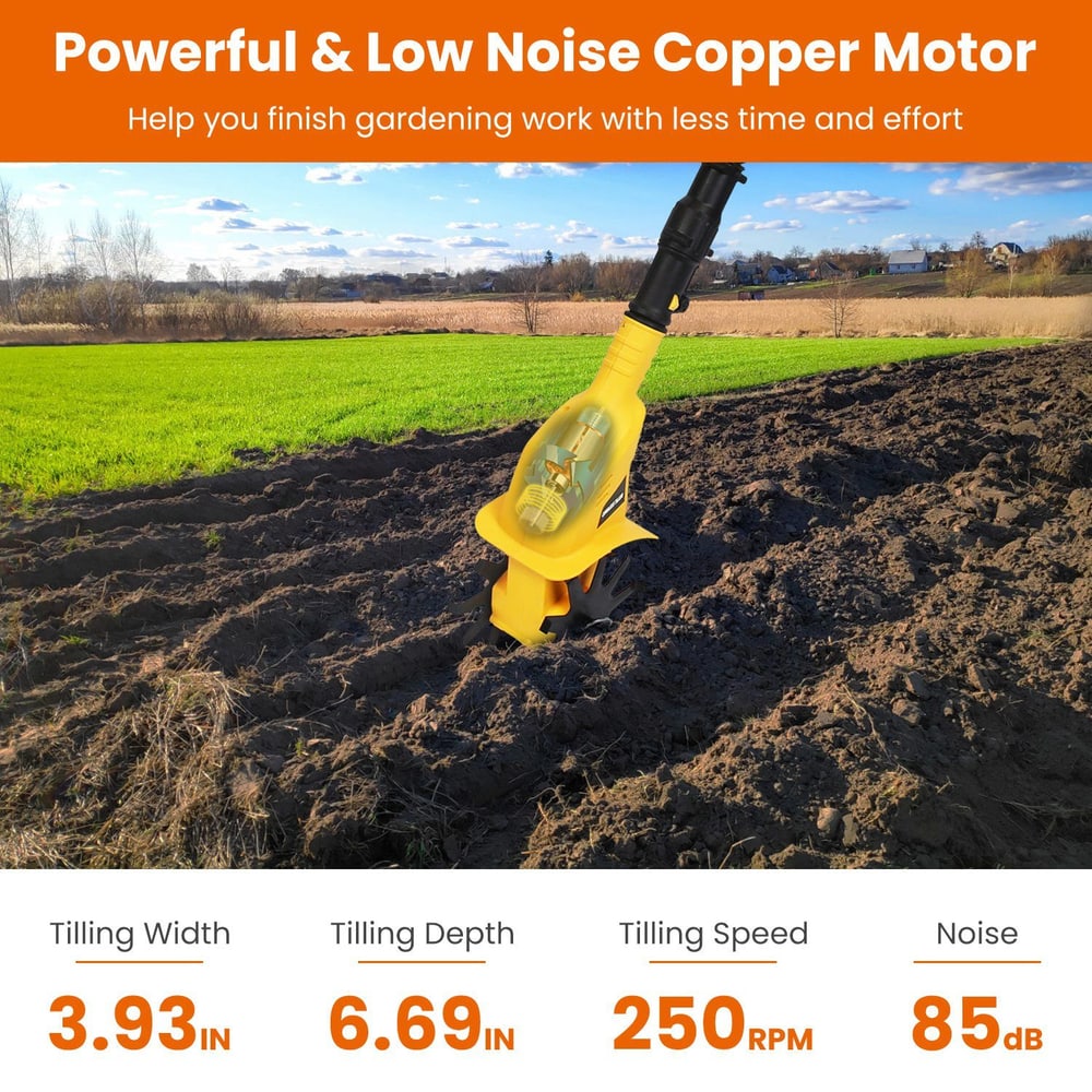 Electric garden tiller with a powerful low-noise copper motor showcased in a field, featuring tilling width of 3.93 inches, depth of 6.69 inches, speed of 250 RPM, and noise level of 85 dB, ideal for efficient gardening.
