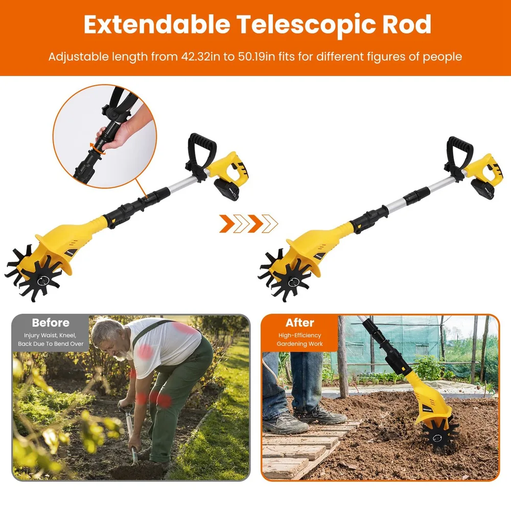 Extendable telescopic gardening rod with adjustable length from 42.32 inches to 50.19 inches, designed for ease of use by various heights, featuring ergonomic grip and high-efficiency tilling head for effective soil cultivation.