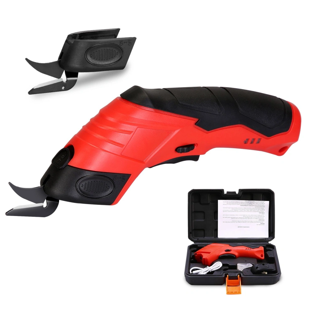 Electric pruning shears with red ergonomic handle and replacement blade, displayed with carrying case and accessories for gardening and landscaping.