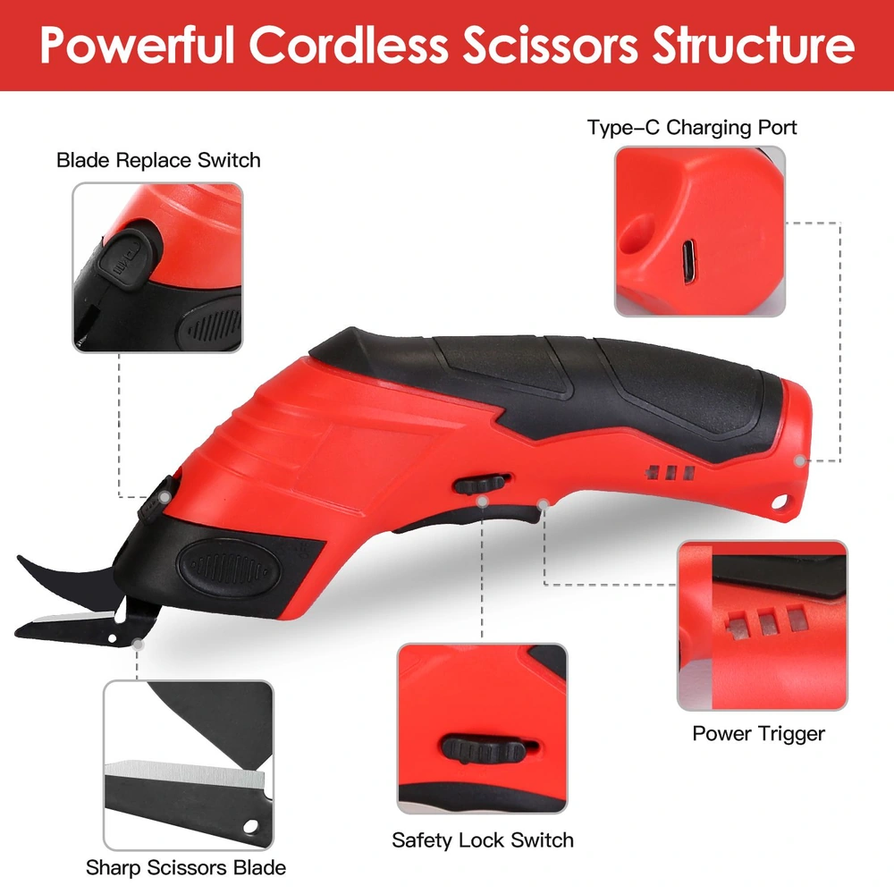 Powerful cordless scissors with ergonomic grip, featuring a sharp blade, safety lock switch, blade replace switch, and Type-C charging port.