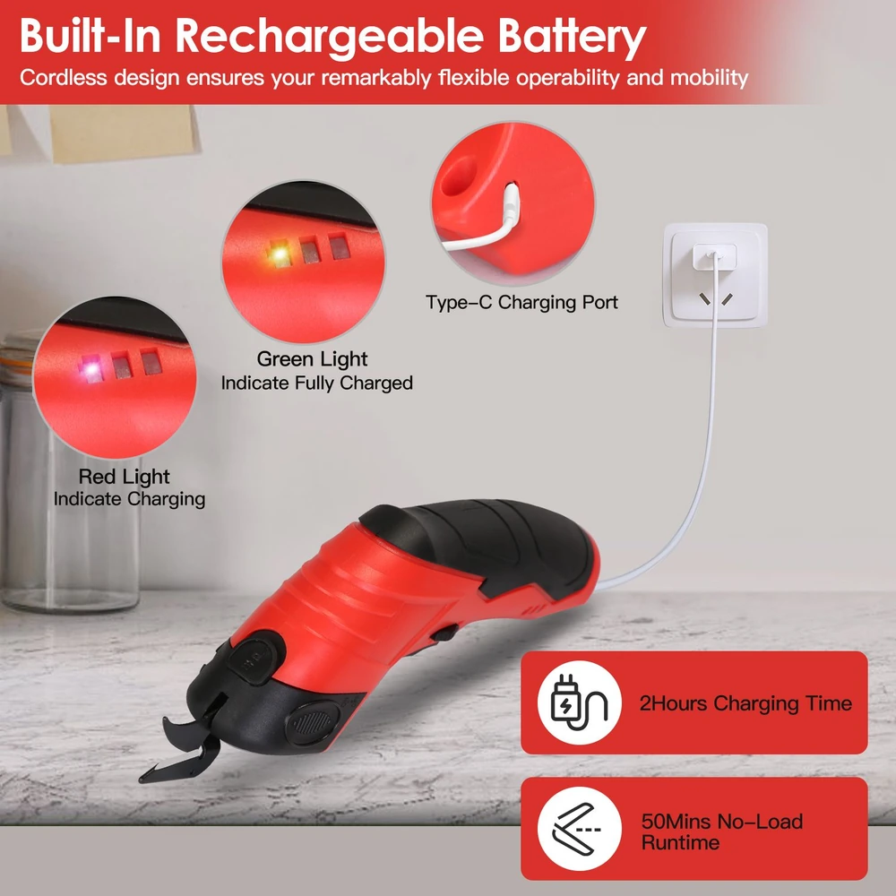 Rechargeable cordless tool with Type-C charging port, displaying red and green indicator lights for charging status, highlighting its ergonomic design, 2-hour charging time, and 50-minute no-load runtime.