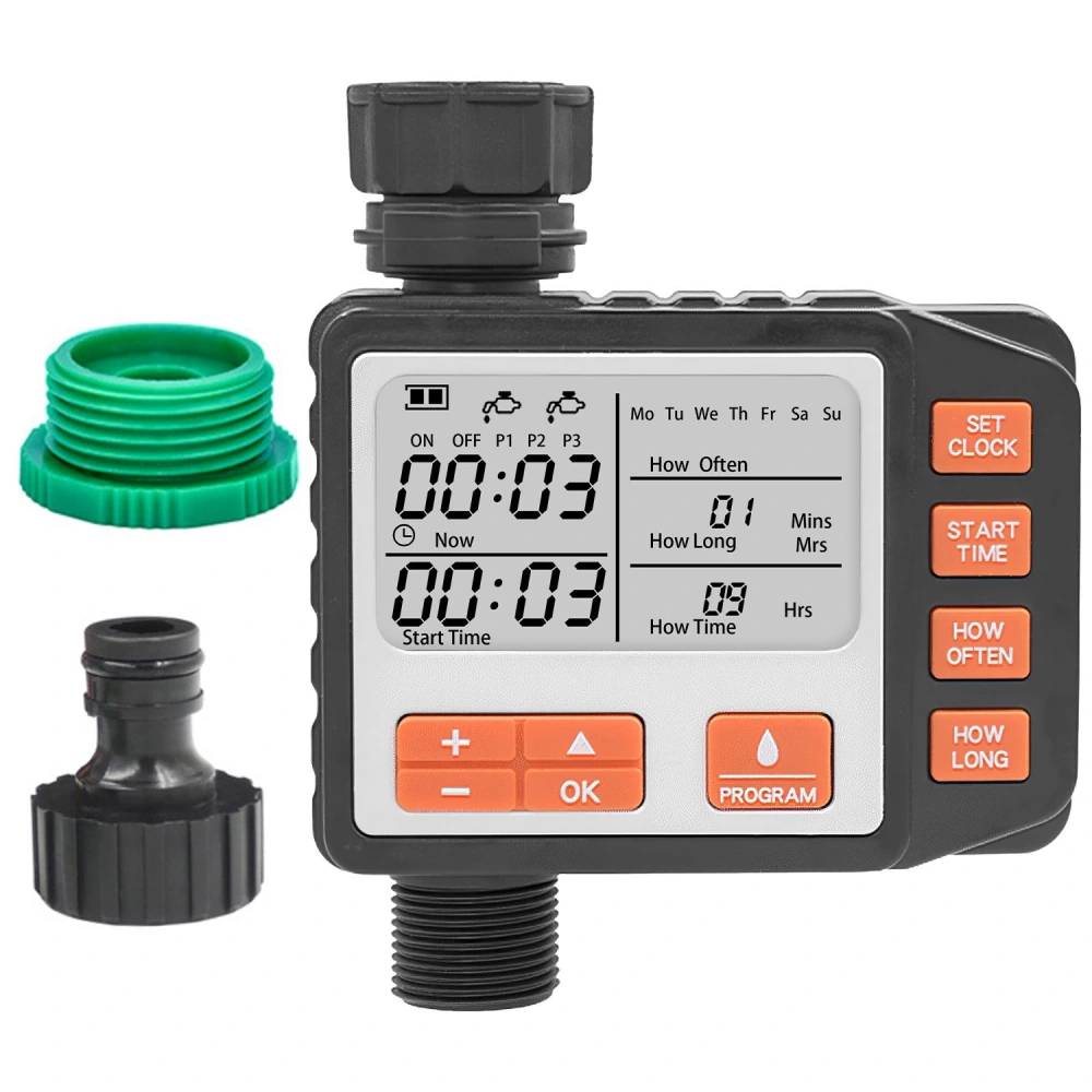 Digital garden irrigation timer with LCD display, programming buttons, and two hose connectors for automatic watering automation.