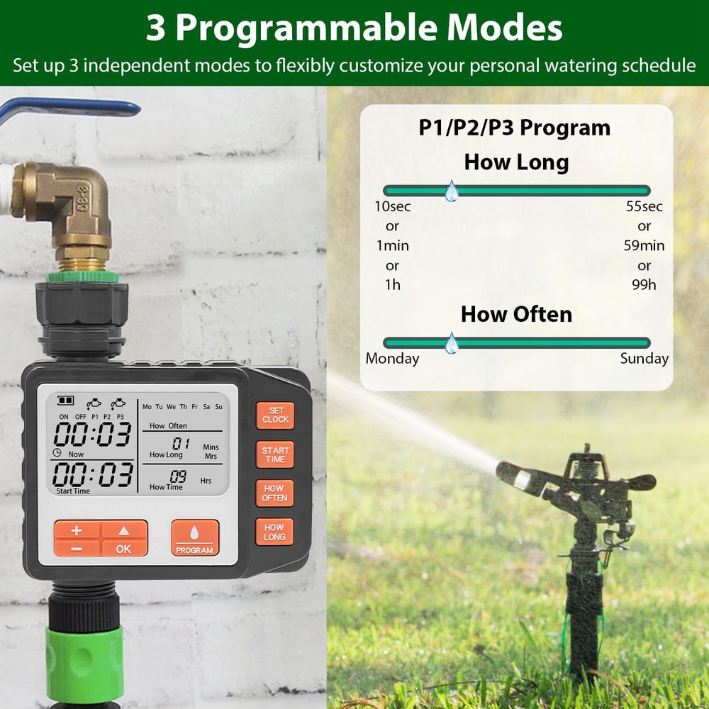 Programmable garden hose timer with digital display, customizable watering schedules, and three independent modes for efficient irrigation management.