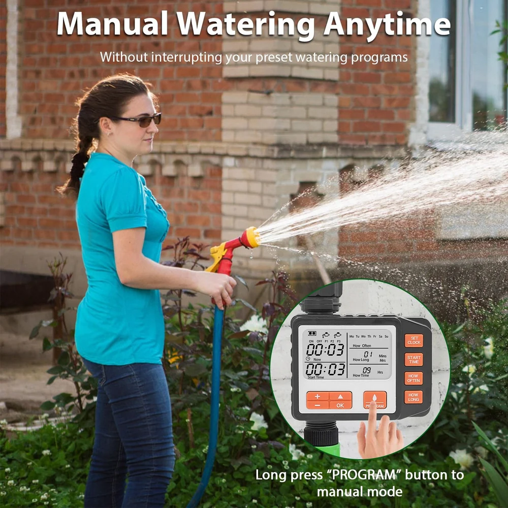 Woman watering plants using a garden hose with a digital timer device displaying watering program options in a residential garden setting.