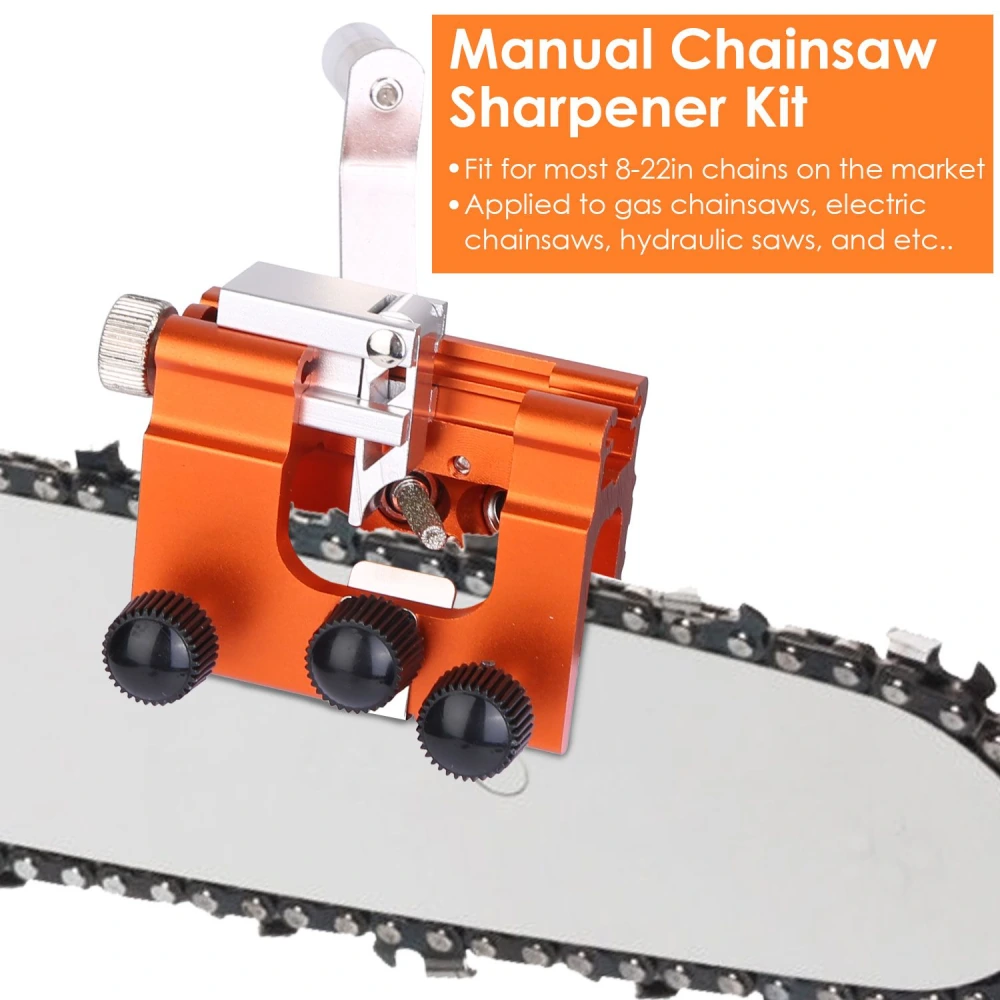 Manual chainsaw sharpener kit designed for 8-22 inch chains, featuring an orange aluminum body and adjustable knobs for precise sharpening of gas and electric chainsaws.