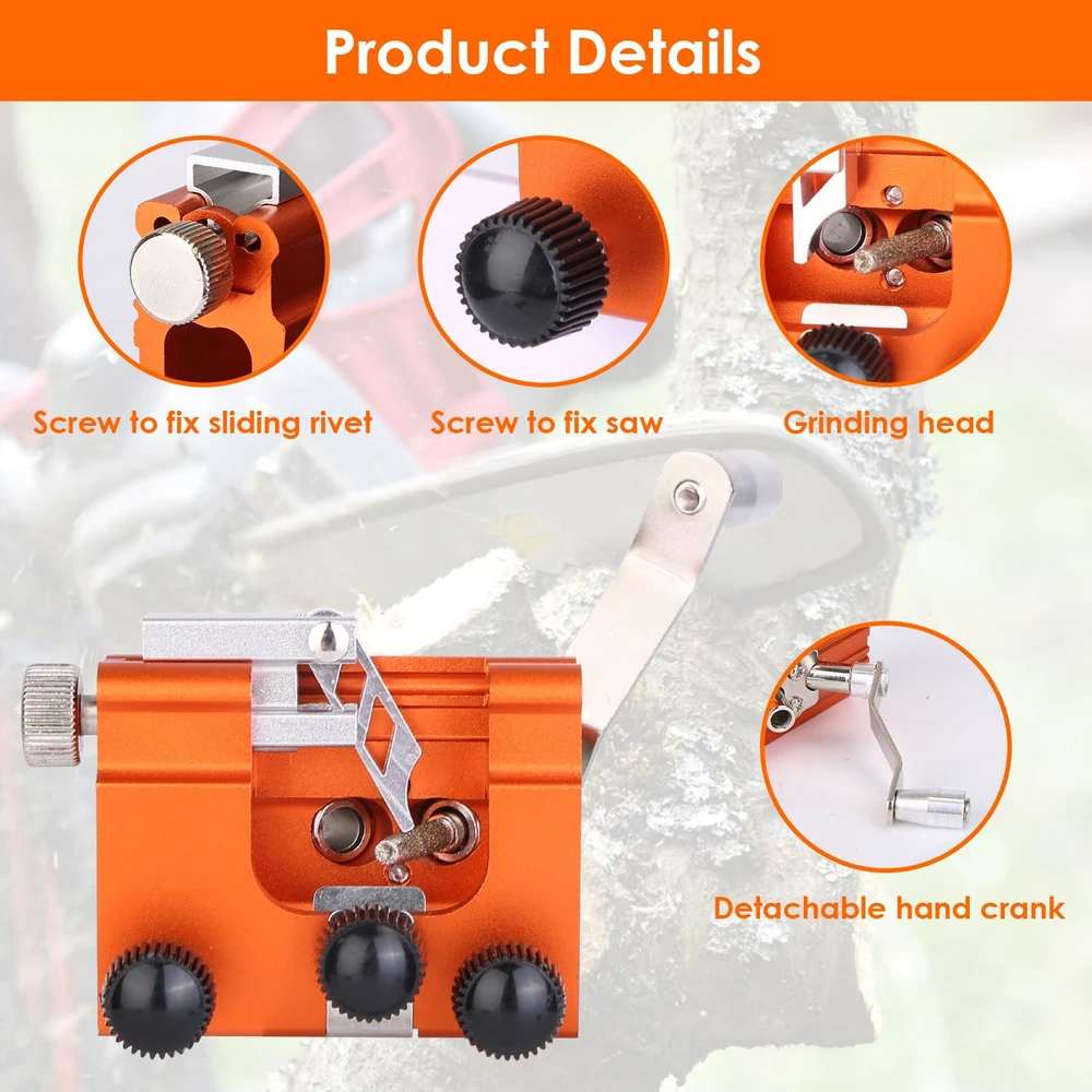 Detailed view of an orange chainsaw sharpener highlighting key features including screw adjustments for sliding rivet and saw, a grinding head, and a detachable hand crank, suitable for enhancing chainsaw maintenance.