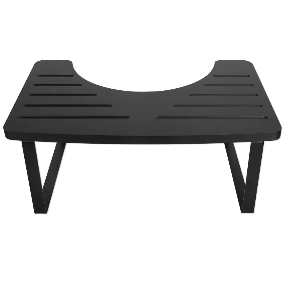 Black adjustable laptop stand with a curved cutout design and slotted surface for ventilation, featuring sturdy legs for stability, ideal for ergonomic workstation setup.
