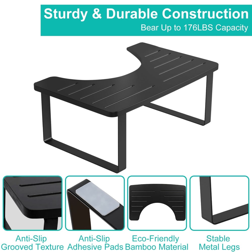 Durable and sturdy black bamboo footrest with anti-slip surface, capable of supporting up to 176 pounds, featuring stable metal legs and adhesive pads for enhanced grip.