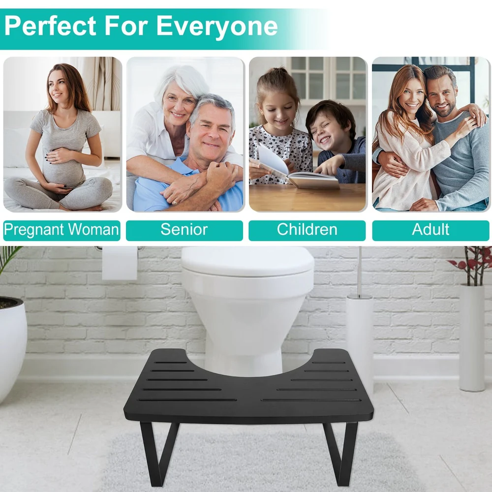 Black toilet stool designed for all ages, including pregnant women, seniors, children, and adults, placed in a modern bathroom setting for improved comfort and usability.