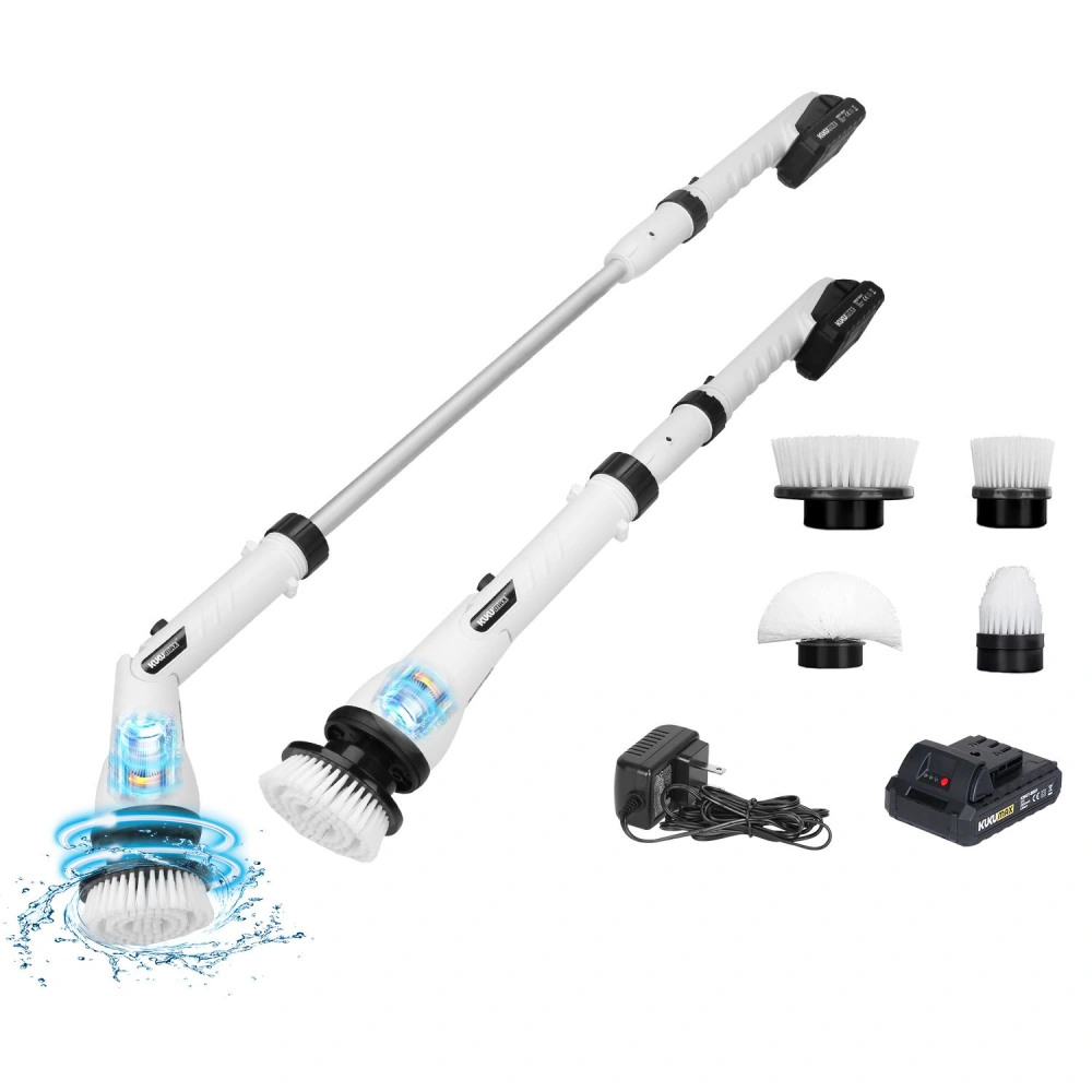 Electric cleaning brush with extendable handle, multiple brush heads, battery charger, and rechargeable battery. Ideal for efficient and deep cleaning.
