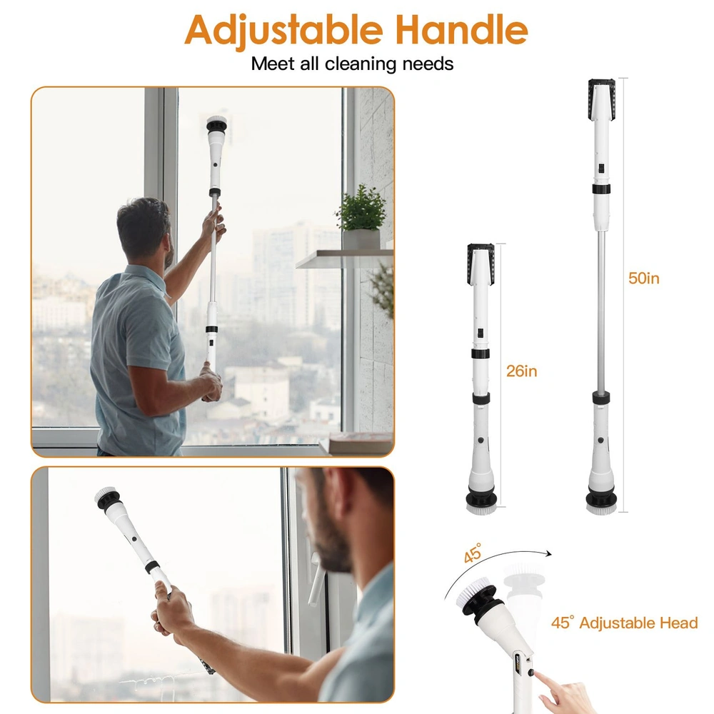Adjustable handle cleaning tool in use, designed for reaching high windows with its extendable length from 26 to 50 inches and a 45-degree adjustable head for versatile cleaning needs.