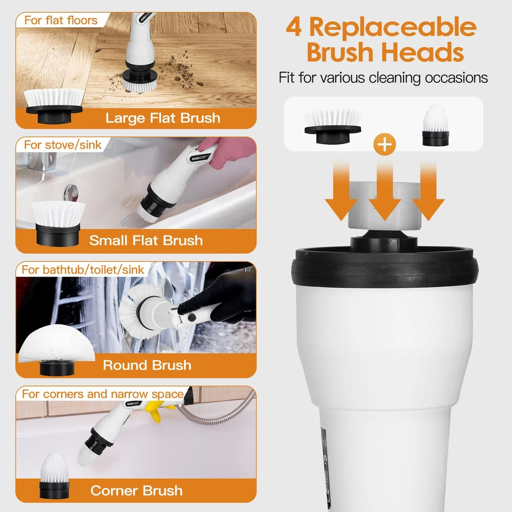 Image showcasing a cleaning tool featuring four replaceable brush heads: a large flat brush for floor cleaning, a small flat brush for stoves and sinks, a round brush for bathtubs and toilets, and a corner brush for hard-to-reach areas, emphasizing versatility in household cleaning tasks.