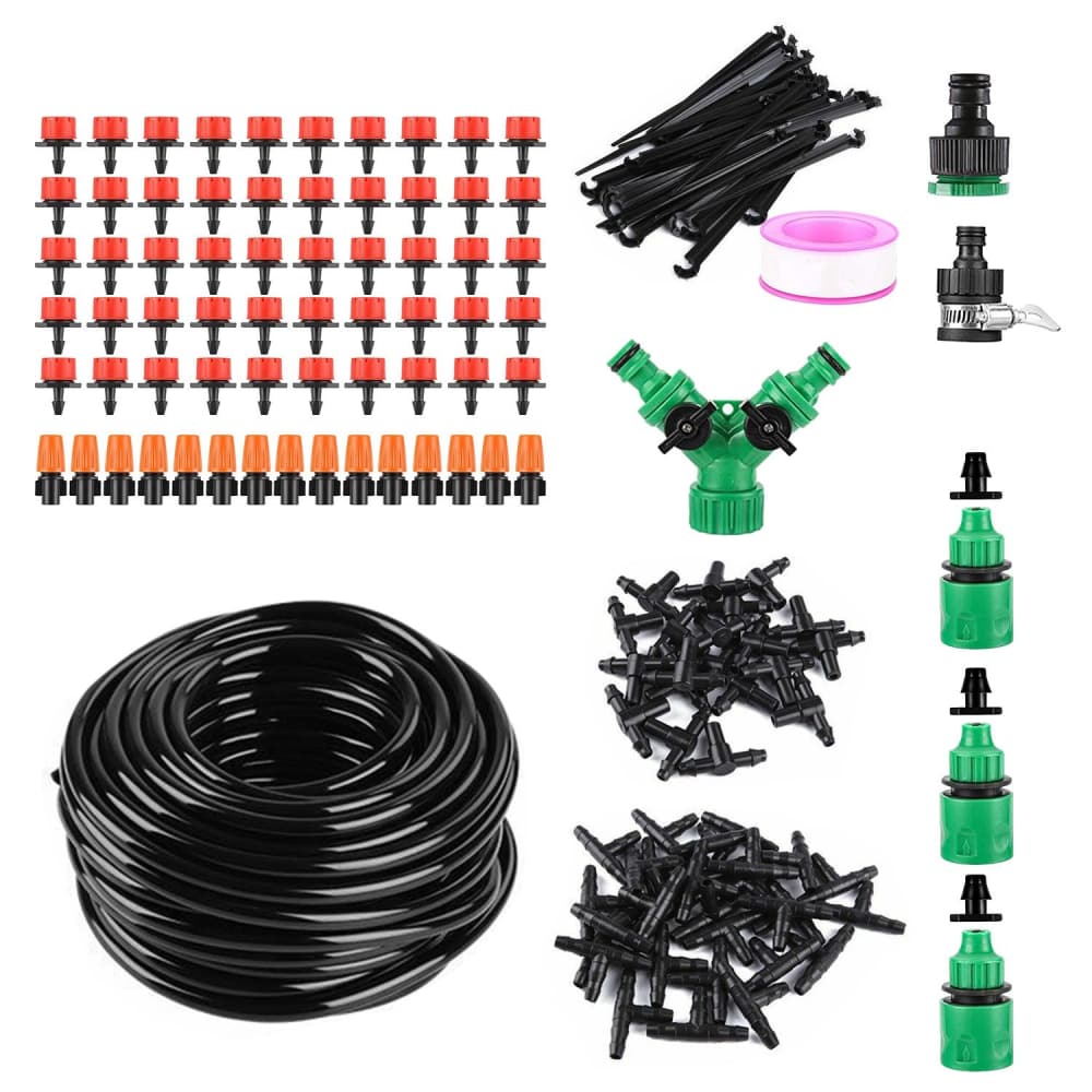 Drip irrigation system kit including black tubing, green connectors, drip emitters, stakes, and a three-way splitter for efficient garden watering.
