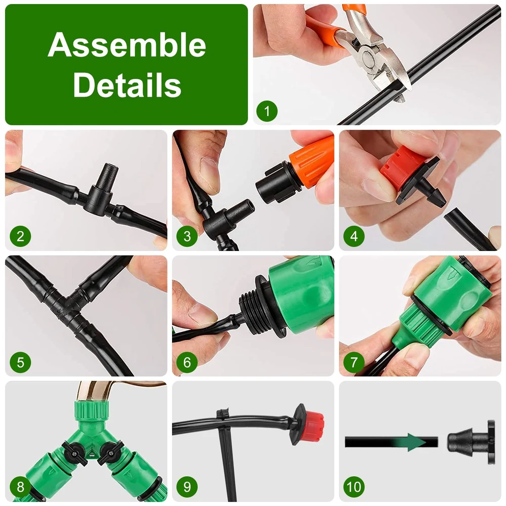 Step-by-step assembly instructions for a garden irrigation system showing tools and connections including connectors, tubing, and fittings.