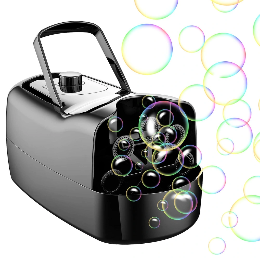 Black bubble machine with a sleek design, producing colorful bubbles against a white background.