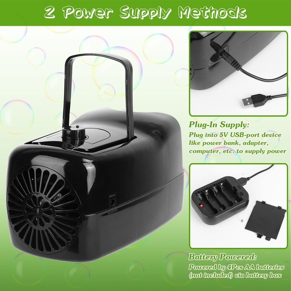 Portable bubble machine with two power supply options: USB plug-in or battery-powered, featuring a sturdy handle for easy transport.
