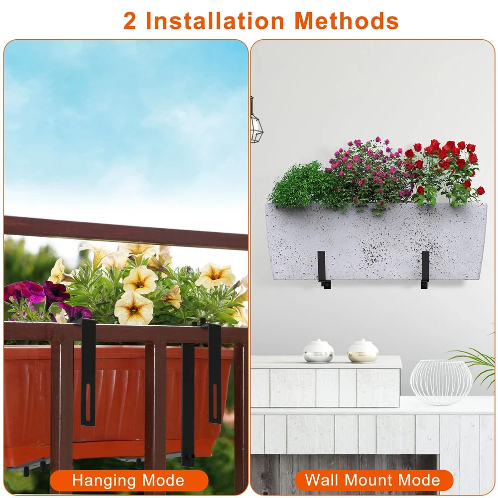 Image showing two installation methods for a versatile flower planter: a hanging mode on a balcony railing with colorful flowers and a wall mount mode on a wall featuring lush greenery, demonstrating practical options for indoor and outdoor decor.
