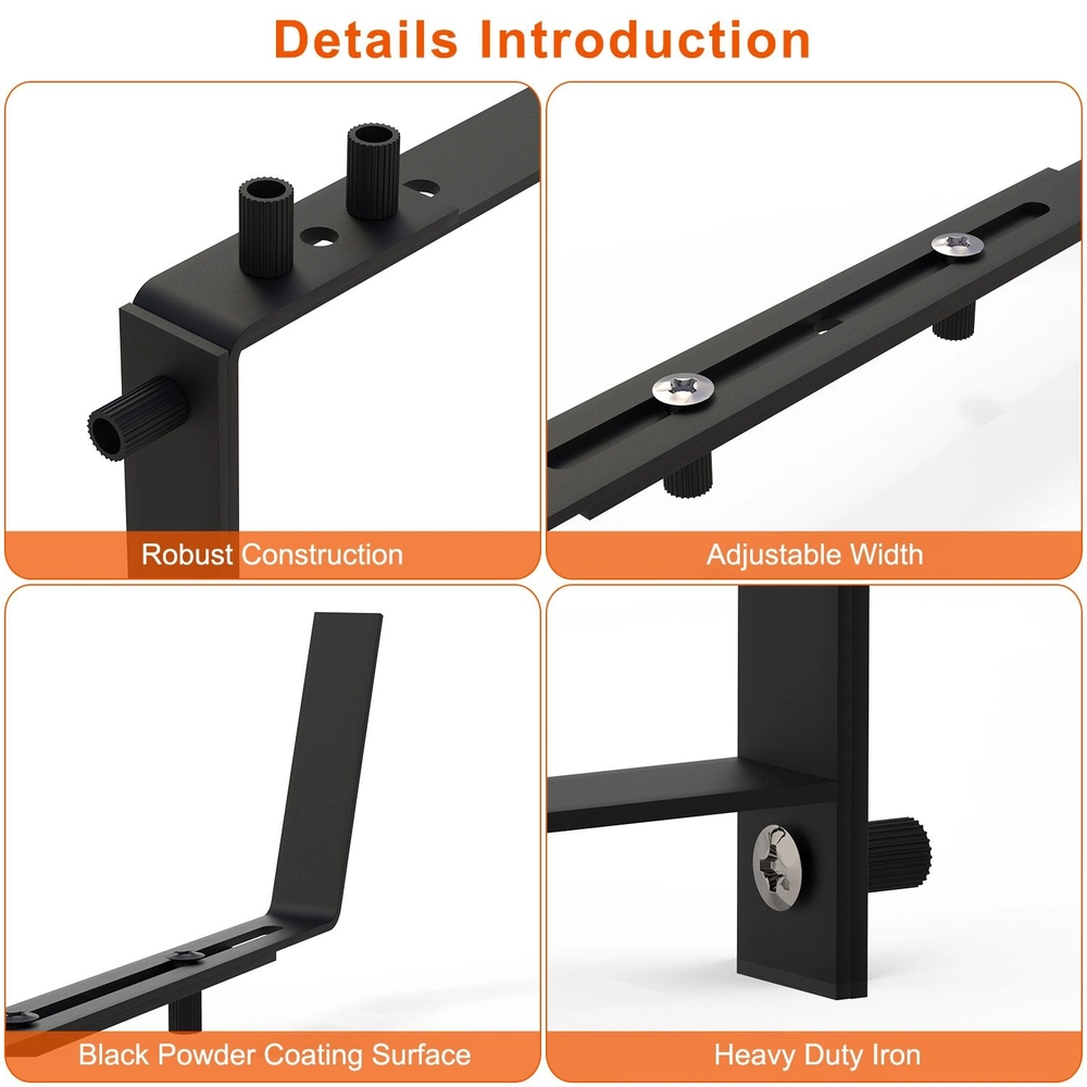 Black heavy-duty iron adjustable bracket with robust construction and powder-coated surface, showcasing detail of mounting and width adjustment features.