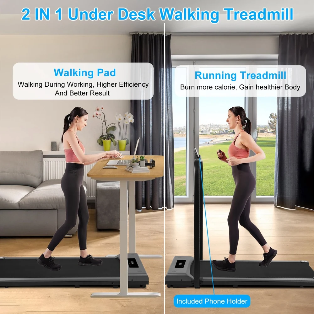 2-in-1 under desk walking treadmill featuring a walking pad for work efficiency and a running option for calorie burning, displayed with a woman walking and another jogging in a modern home setting.