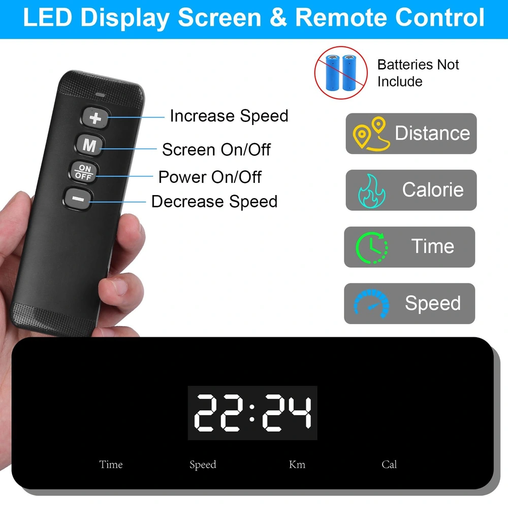 Remote control with LED display screen for exercise equipment, featuring buttons for increasing/decreasing speed, power on/off, and screen toggle, alongside digital readouts for time, speed, distance, and calories.