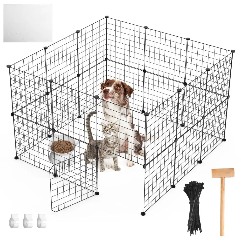 Black wire pet playpen featuring a dog and cat inside, with a bowl of pet food, assembly tools, and connectors for easy setup. Ideal for pet containment and safety.