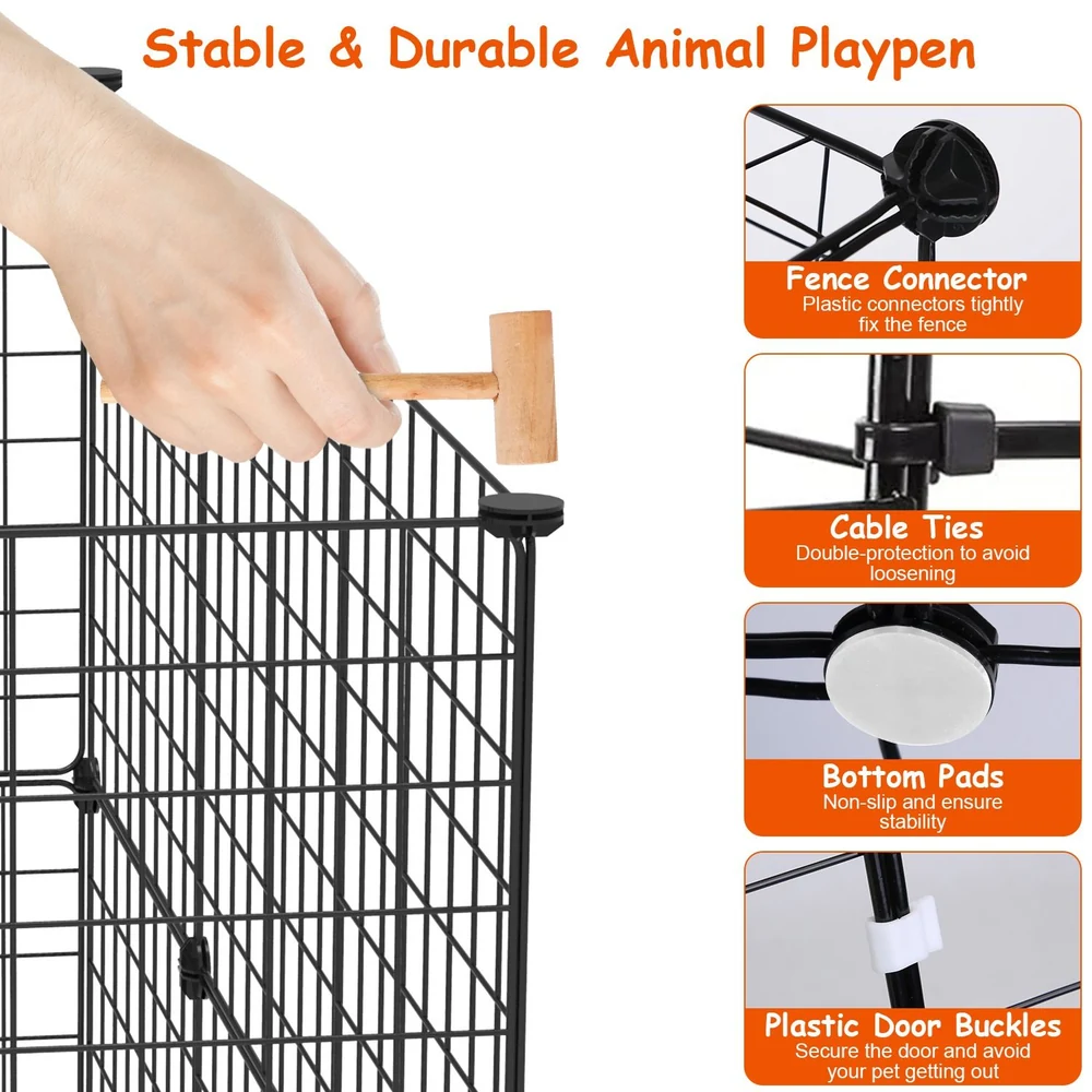 Hand holding a wooden mallet to assemble a stable and durable black wire animal playpen, featuring labeled components like fence connectors, cable ties, bottom pads, and plastic door buckles for added safety and stability.