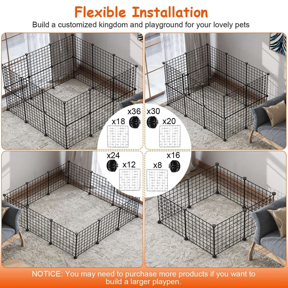 Black modular pet playpen with customizable layouts for indoor use, featuring flexible installation options and adjustable configurations to create a safe space for pets.